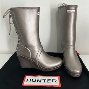 Hunter Verbier Wedge Lace Up Rain Boots Womens Size 8 Gray Rubber